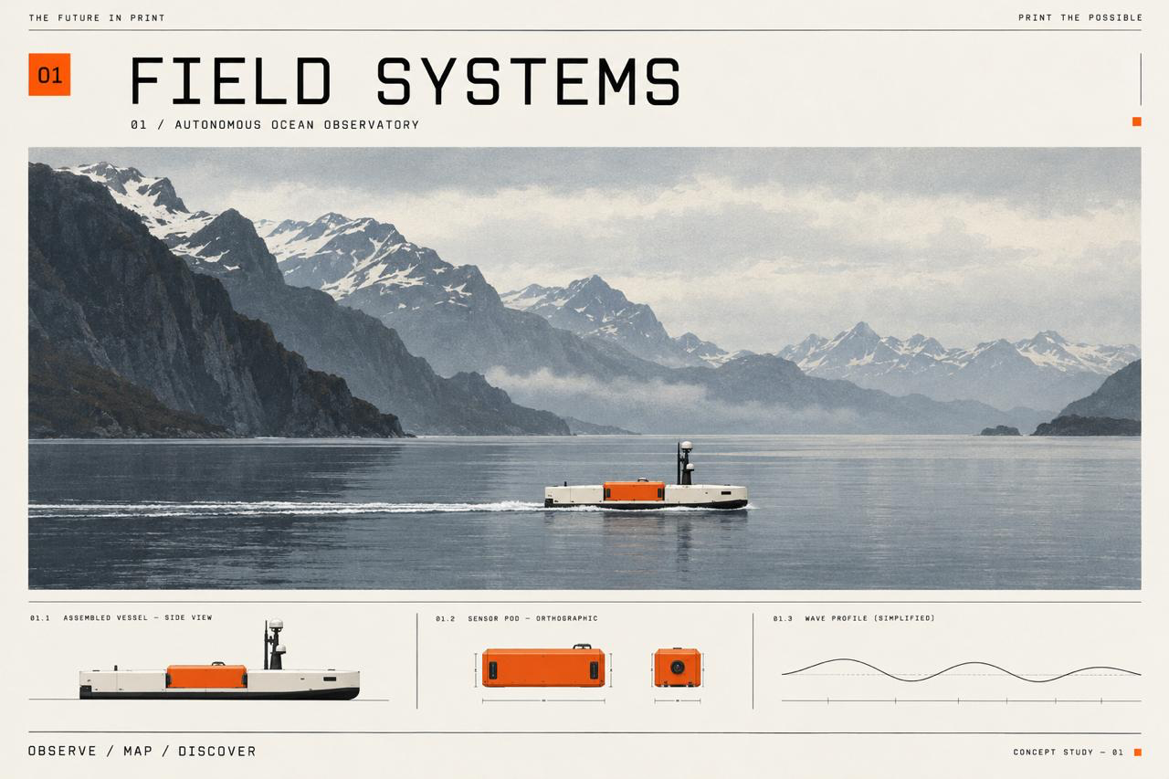 An orange and white research vessel in a dramatic mountain fjord