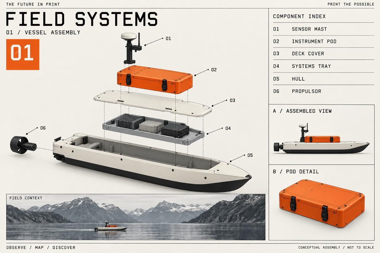 Exploded conceptual plate of the research vessel